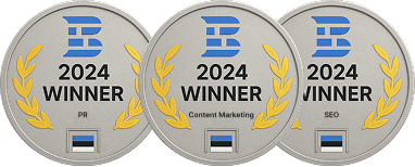 Три бейджа Winner 2024 с золотыми лавровыми венками для Collaborator в категориях Content Marketing и SEO.